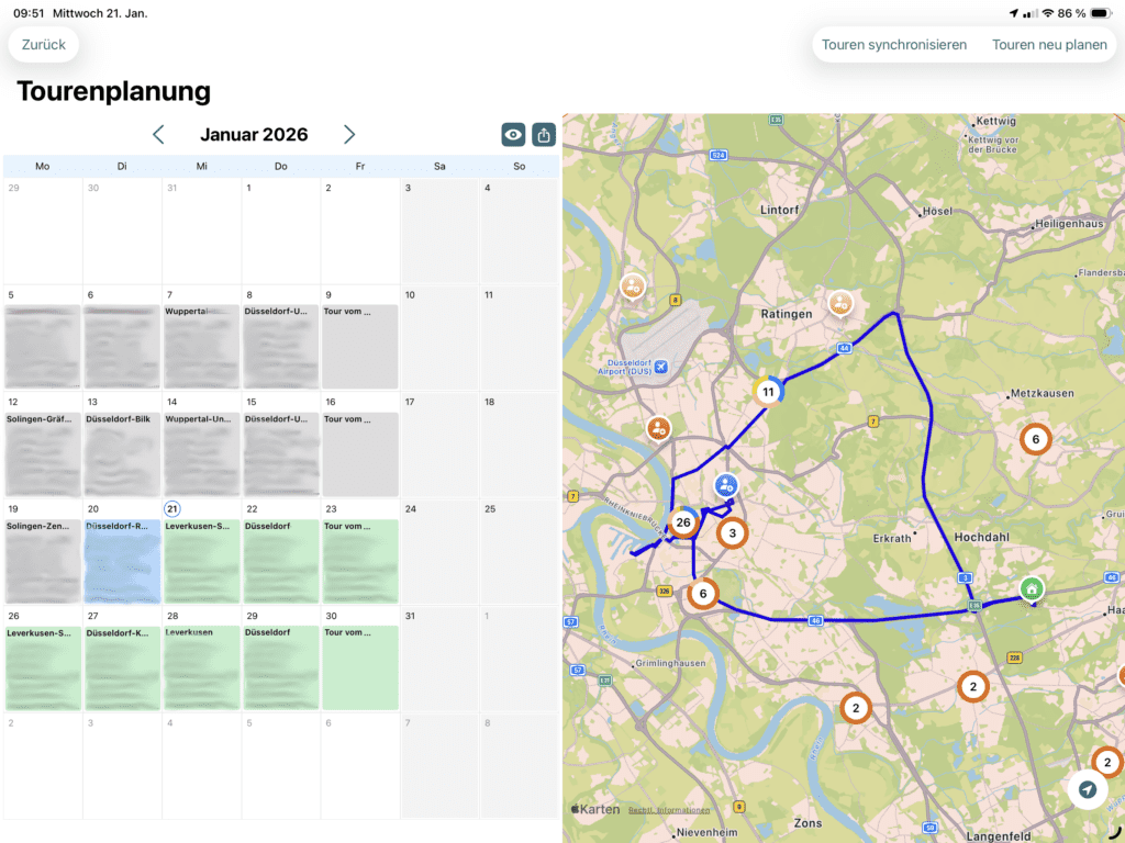 Screenshot der Tourenplanung mit Kalender